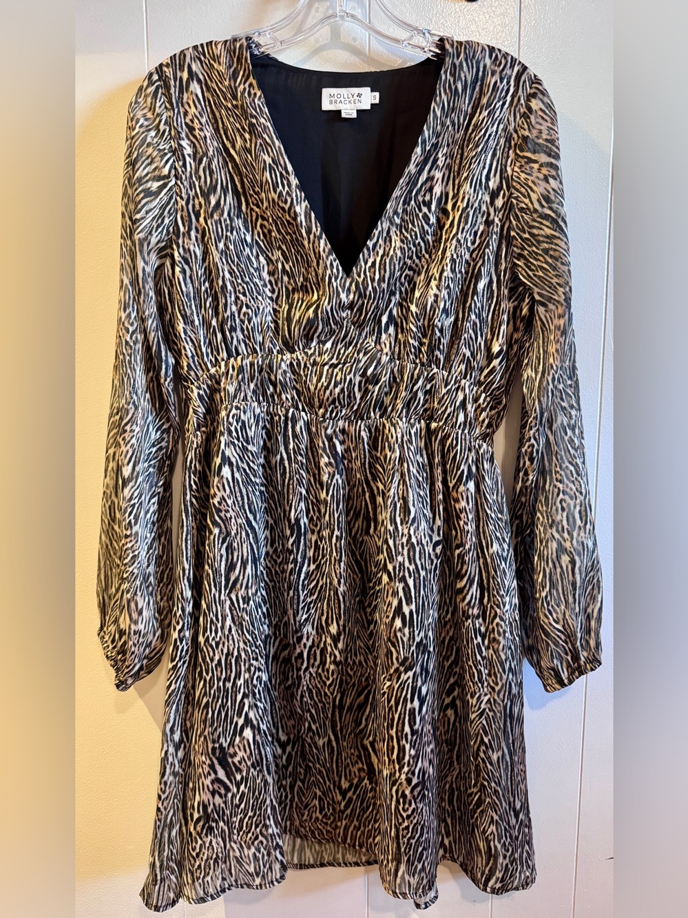 Molly Bracken Black and Beige Animal Print Long Sleeve Mini Dress